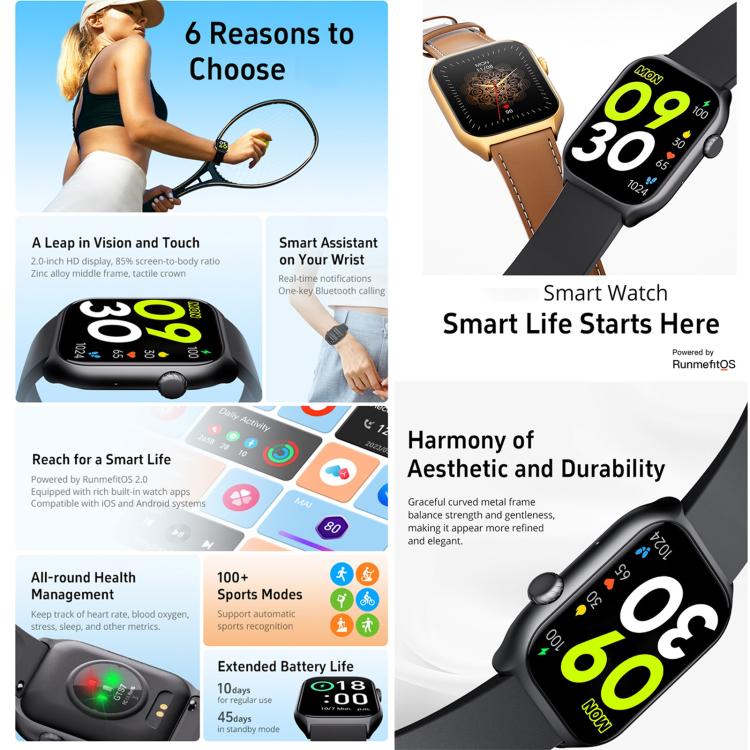 GS7 2.0 inch Fitness Health Smart Watch, BT Call / Heart Rate / Blood Pressure / MET