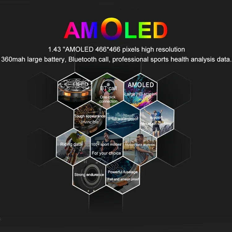ساعة ذكية LEMFO AK59 بشاشة دائرية AMOLED 1.43 بوصة، سوار سيليكون