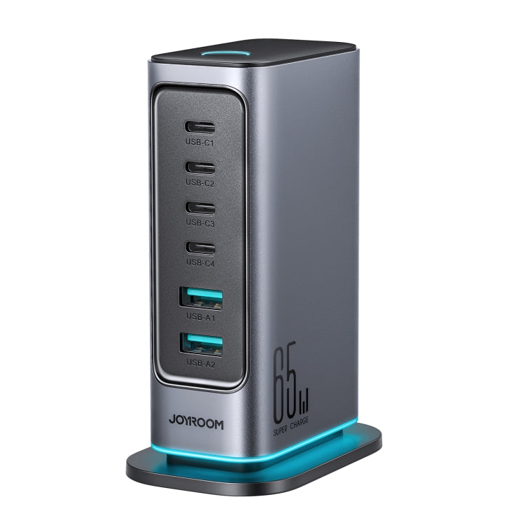 شاحن متعدد المنافذ JOYROOM JR-TCM02 6 في 1 بقوة 65 واط GaN مع 4 منافذ USB-C و2 USB-A، قابس أوروبي، قابس بريطاني