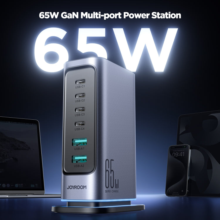 شاحن متعدد المنافذ JOYROOM JR-TCM02 6 في 1 بقوة 65 واط GaN مع 4 منافذ USB-C و2 USB-A، قابس أوروبي، قابس بريطاني