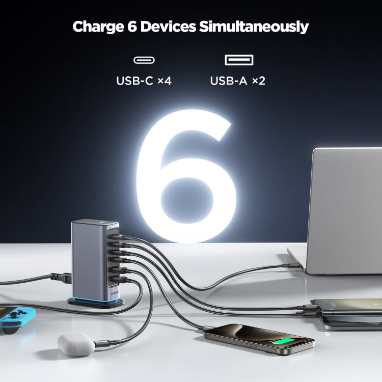 شاحن متعدد المنافذ JOYROOM JR-TCM02 6 في 1 بقوة 65 واط GaN مع 4 منافذ USB-C و2 USB-A، قابس أوروبي، قابس بريطاني