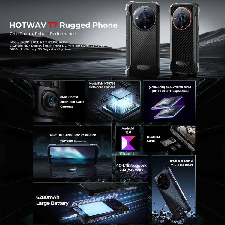 HOTWAV T7 هاتف متين، بطارية 6280mAh، شاشة 6.52 بوصة أندرويد 13 معالج MT8788 ثماني النواة، الشبكة: 4G، OTG، 4GB+128GB