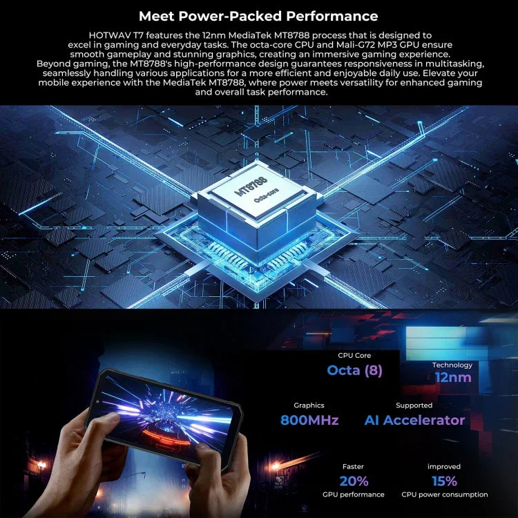HOTWAV T7 هاتف متين، بطارية 6280mAh، شاشة 6.52 بوصة أندرويد 13 معالج MT8788 ثماني النواة، الشبكة: 4G، OTG، 4GB+128GB