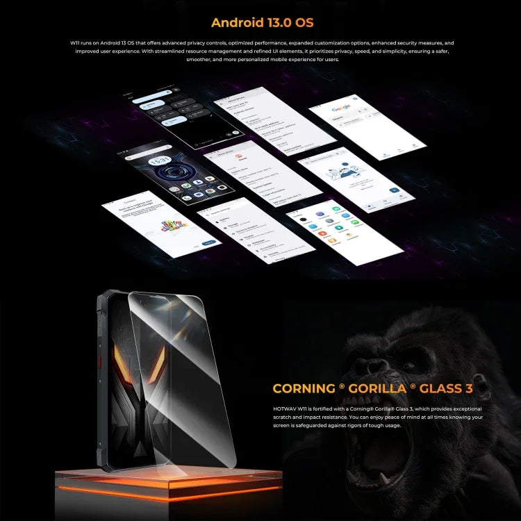 HOTWAV W11 هاتف متين، رؤية ليلية، بطارية 20800mAh، شاشة 6.6 بوصة أندرويد 13 معالج MT8788 ثماني النواة، الشبكة: 4G، OTG، تسجيل المكالمات، 6GB+256GB
