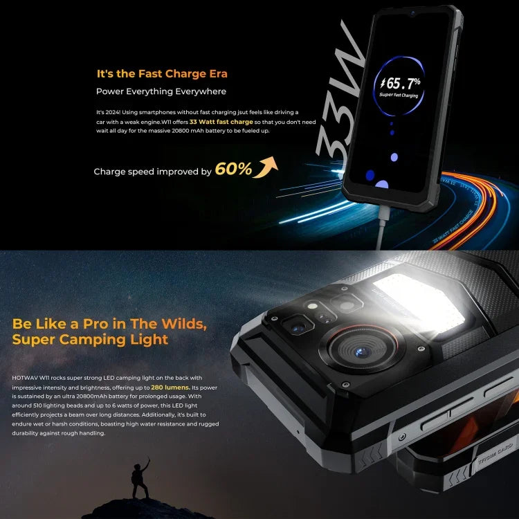 HOTWAV W11 هاتف متين، رؤية ليلية، بطارية 20800mAh، شاشة 6.6 بوصة أندرويد 13 معالج MT8788 ثماني النواة، الشبكة: 4G، OTG، تسجيل المكالمات، 6GB+256GB