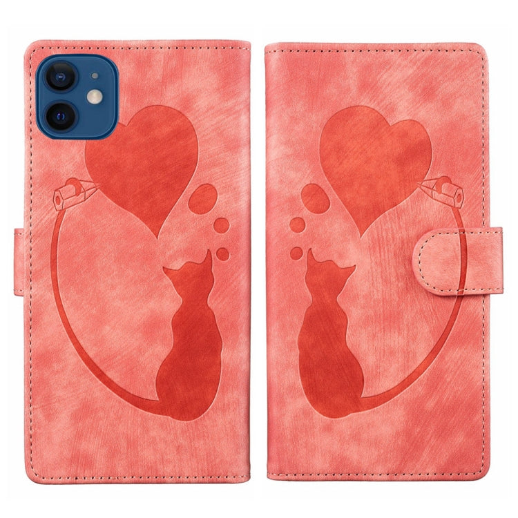 غطاء هاتف من الجلد بنقش قلب وقطة، لأجهزة iPhone 13 mini، iPhone 12، iPhone 12 Pro Max، iPhone 12 Pro، iPhone 12 mini، iPhone 11 Pro Max، iPhone 11، iPhone 11 Pro