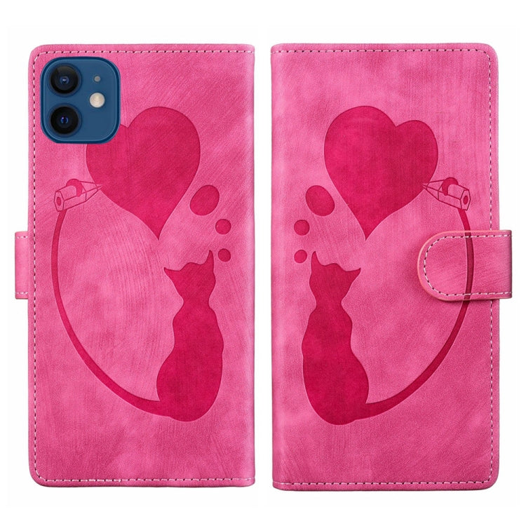 غطاء هاتف من الجلد بنقش قلب وقطة، لأجهزة iPhone 13 mini، iPhone 12، iPhone 12 Pro Max، iPhone 12 Pro، iPhone 12 mini، iPhone 11 Pro Max، iPhone 11، iPhone 11 Pro