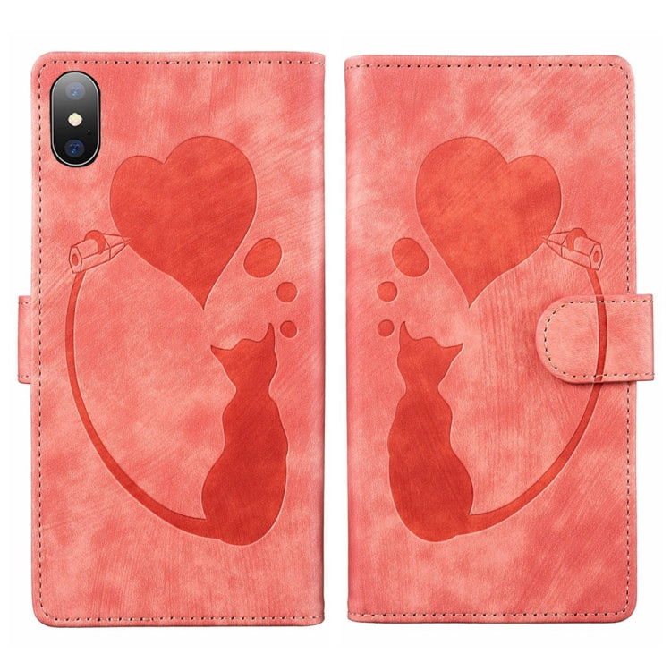 حافظة هاتف جلدية منقوشة بنقش قلب وقطة، لهواتف iPhone X / XS، iPhone XR، iPhone XS Max، iPhone 7 Plus / 8 Plus