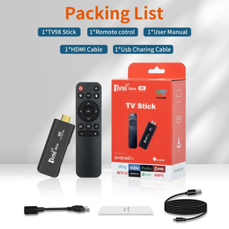 جهاز تلفاز أندرويد TV Stick TV98 Rockchip 3228A رباعي النواة بدقة 4K HD وبلوتوث، Rockchip 3228A 4K، 4GB+32GB، 2GB+16GB