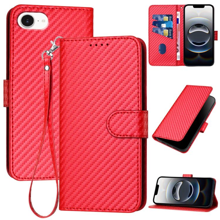 غطاء هاتف من الجلد بنقشة ألياف الكربون مع إبزيم وحبل معصم YX0070، لهواتف iPhone 17e / 16e، iPhone 17 Pro Max، iPhone 17 Pro، iPhone 17، iPhone Air، iPhone 16 Pro Max