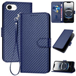 غطاء هاتف من الجلد بنقشة ألياف الكربون مع إبزيم وحبل معصم YX0070، لهواتف iPhone 17e / 16e، iPhone 17 Pro Max، iPhone 17 Pro، iPhone 17، iPhone Air، iPhone 16 Pro Max