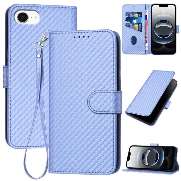 غطاء هاتف من الجلد بنقشة ألياف الكربون مع إبزيم وحبل معصم YX0070، لهواتف iPhone 17e / 16e، iPhone 17 Pro Max، iPhone 17 Pro، iPhone 17، iPhone Air، iPhone 16 Pro Max