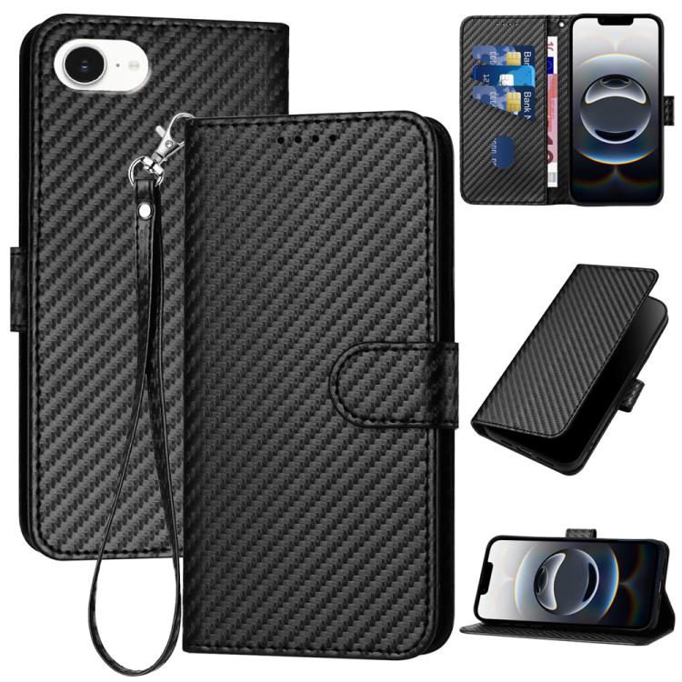 غطاء هاتف من الجلد بنقشة ألياف الكربون مع إبزيم وحبل معصم YX0070، لهواتف iPhone 17e / 16e، iPhone 17 Pro Max، iPhone 17 Pro، iPhone 17، iPhone Air، iPhone 16 Pro Max