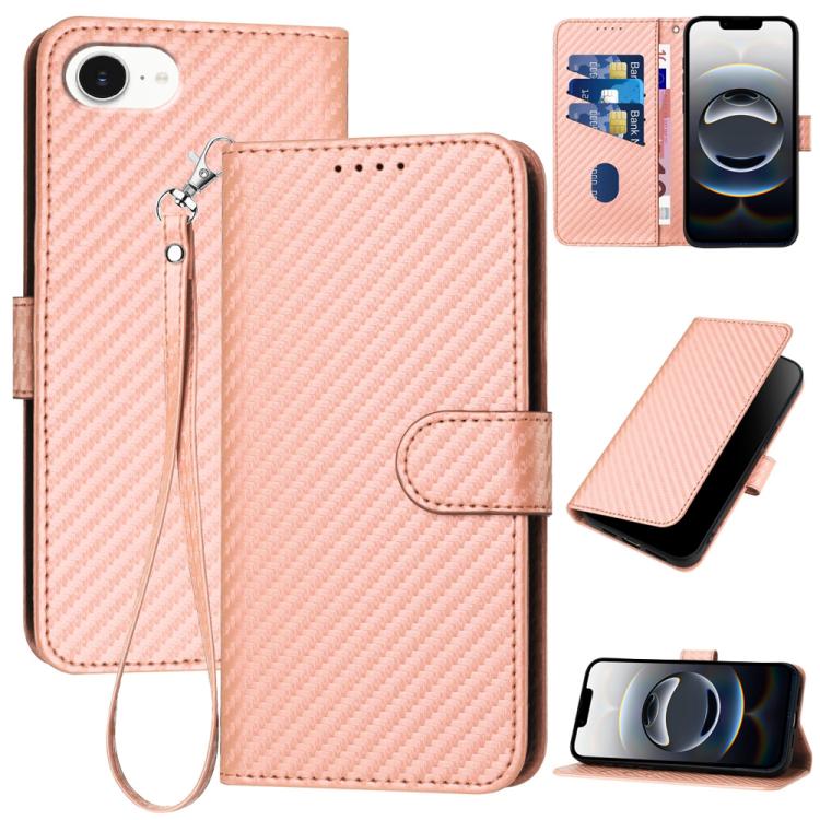غطاء هاتف من الجلد بنقشة ألياف الكربون مع إبزيم وحبل معصم YX0070، لهواتف iPhone 17e / 16e، iPhone 17 Pro Max، iPhone 17 Pro، iPhone 17، iPhone Air، iPhone 16 Pro Max