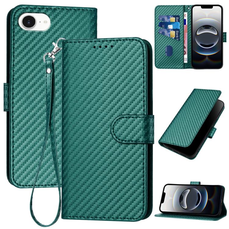 غطاء هاتف من الجلد بنقشة ألياف الكربون مع إبزيم وحبل معصم YX0070، لهواتف iPhone 17e / 16e، iPhone 17 Pro Max، iPhone 17 Pro، iPhone 17، iPhone Air، iPhone 16 Pro Max