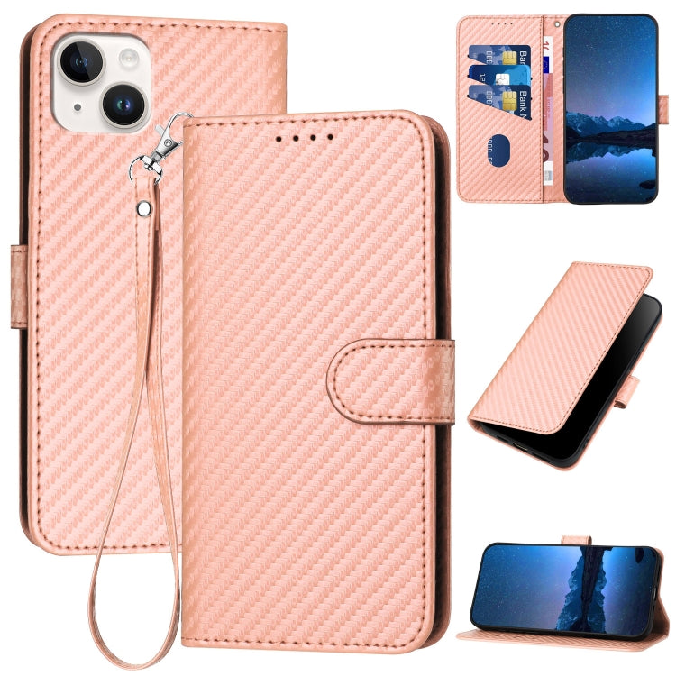 غطاء هاتف من جلد ألياف الكربون مع إبزيم وحبل معصم YX0070، لهواتف iPhone 16 Pro، iPhone 16 Plus، iPhone 16، iPhone 15 Pro Max، iPhone 15 Pro، iPhone 15 Plus