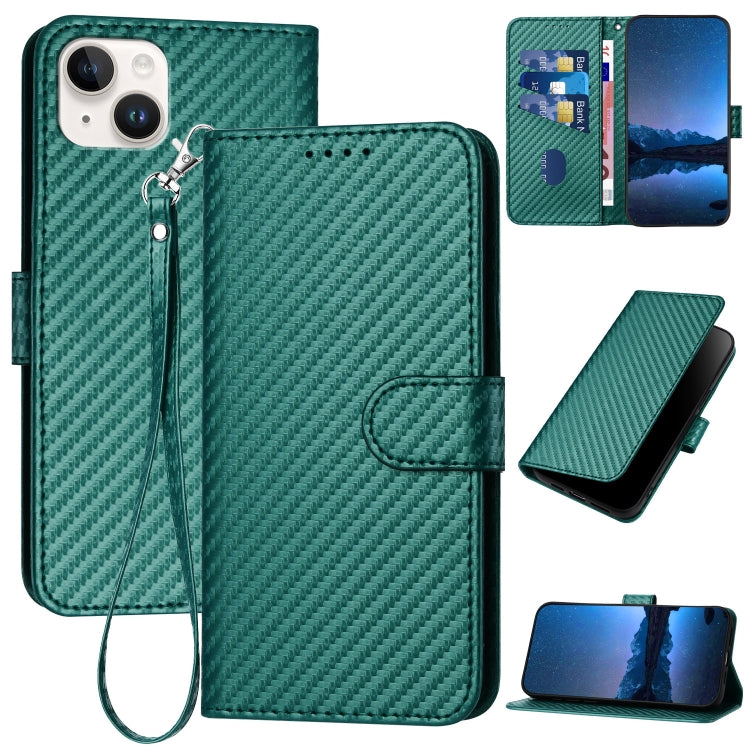 غطاء هاتف من جلد ألياف الكربون مع إبزيم وحبل معصم YX0070، لهواتف iPhone 16 Pro، iPhone 16 Plus، iPhone 16، iPhone 15 Pro Max، iPhone 15 Pro، iPhone 15 Plus
