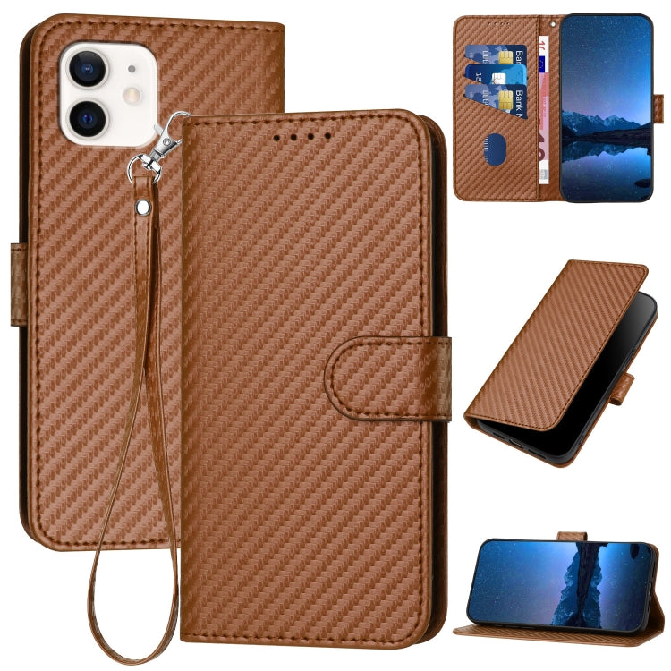 غطاء هاتف من جلد ألياف الكربون مع مشبك وحبل معصم YX0070، لهواتف iPhone 12 mini، iPhone 11 Pro Max، iPhone 11، iPhone 11 Pro، iPhone X / XS، iPhone XR