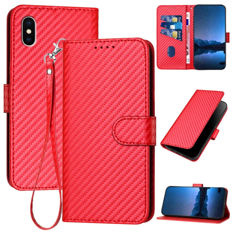 غطاء هاتف من جلد ألياف الكربون مع مشبك وحبل معصم YX0070، لهواتف iPhone 12 mini، iPhone 11 Pro Max، iPhone 11، iPhone 11 Pro، iPhone X / XS، iPhone XR