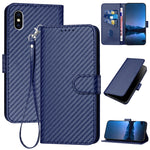 غطاء هاتف من جلد ألياف الكربون مع مشبك وحبل معصم YX0070، لهواتف iPhone 12 mini، iPhone 11 Pro Max، iPhone 11، iPhone 11 Pro، iPhone X / XS، iPhone XR