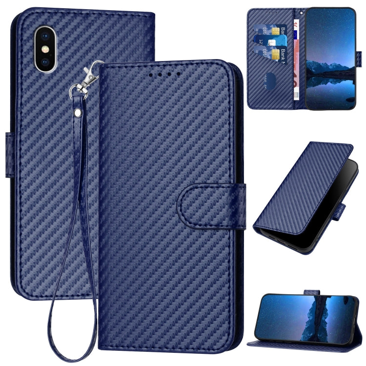 غطاء هاتف من جلد ألياف الكربون مع مشبك وحبل معصم YX0070، لهواتف iPhone 12 mini، iPhone 11 Pro Max، iPhone 11، iPhone 11 Pro، iPhone X / XS، iPhone XR