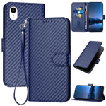غطاء هاتف من جلد ألياف الكربون مع مشبك وحبل معصم YX0070، لهواتف iPhone 12 mini، iPhone 11 Pro Max، iPhone 11، iPhone 11 Pro، iPhone X / XS، iPhone XR