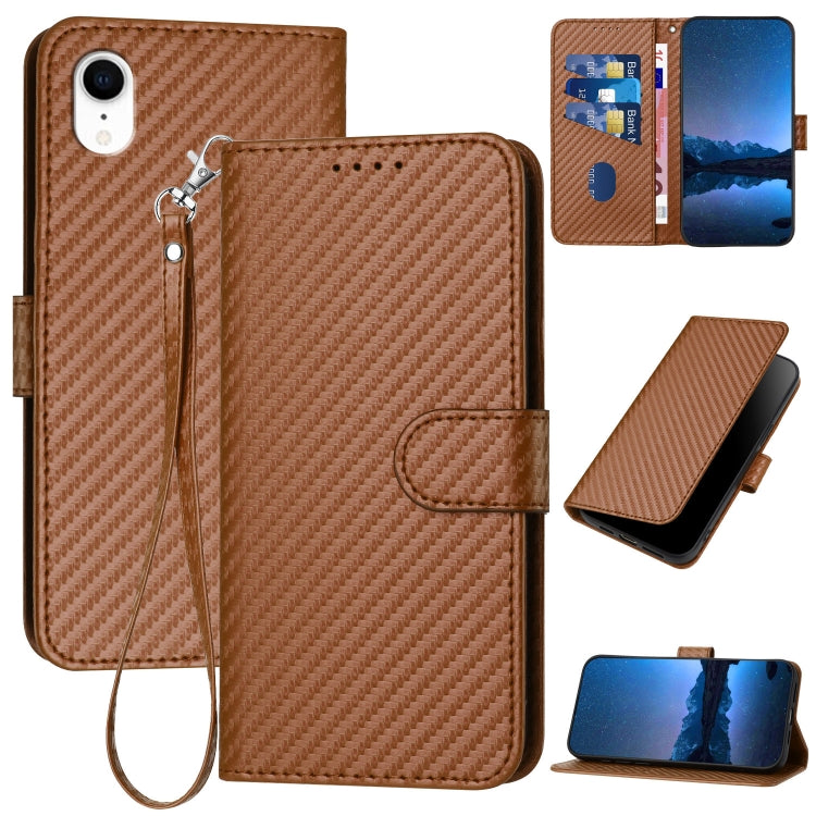 غطاء هاتف من جلد ألياف الكربون مع مشبك وحبل معصم YX0070، لهواتف iPhone 12 mini، iPhone 11 Pro Max، iPhone 11، iPhone 11 Pro، iPhone X / XS، iPhone XR