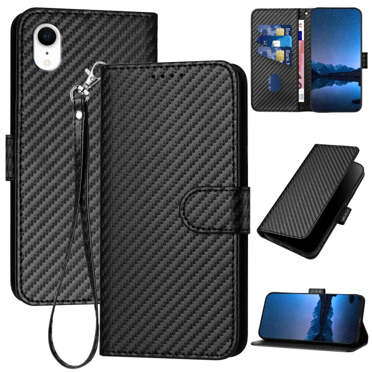 غطاء هاتف من جلد ألياف الكربون مع مشبك وحبل معصم YX0070، لهواتف iPhone 12 mini، iPhone 11 Pro Max، iPhone 11، iPhone 11 Pro، iPhone X / XS، iPhone XR