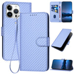غطاء هاتف من الجلد بنقشة ألياف الكربون مع إبزيم وحبل معصم YX0070، لهواتف iPhone 17e / 16e، iPhone 17 Pro Max، iPhone 17 Pro، iPhone 17، iPhone Air، iPhone 16 Pro Max