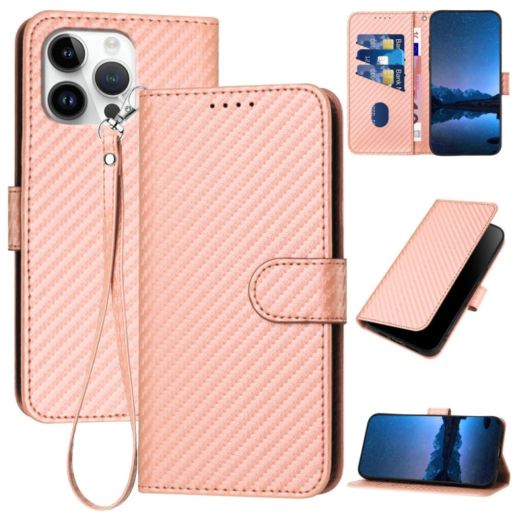 غطاء هاتف من الجلد بنقشة ألياف الكربون مع إبزيم وحبل معصم YX0070، لهواتف iPhone 17e / 16e، iPhone 17 Pro Max، iPhone 17 Pro، iPhone 17، iPhone Air، iPhone 16 Pro Max