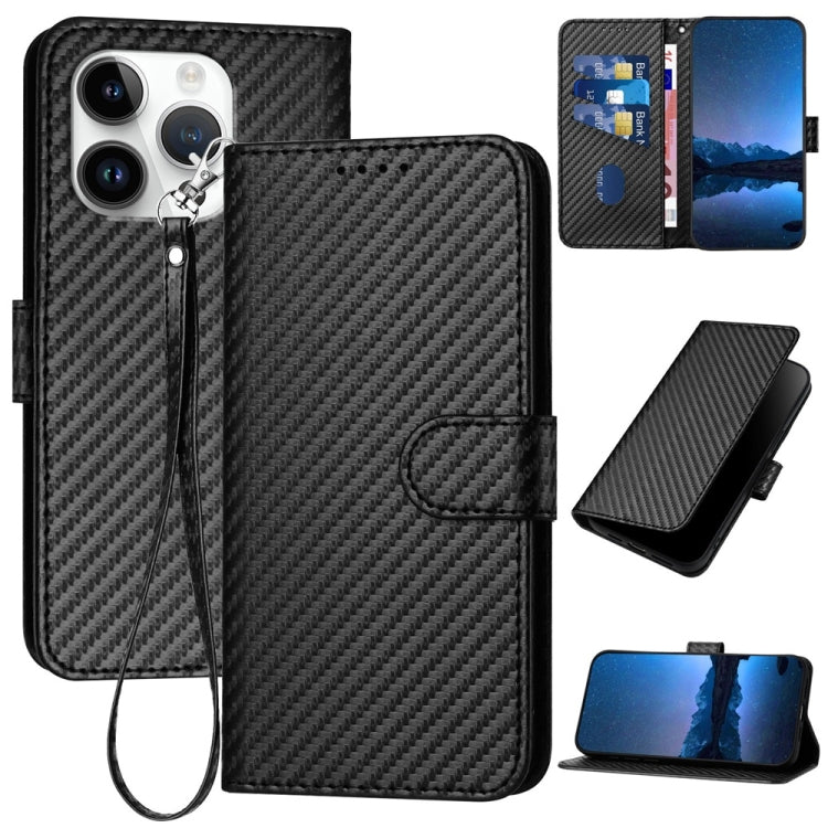 غطاء هاتف من جلد ألياف الكربون مع إبزيم وحبل معصم YX0070، لهواتف iPhone 16 Pro، iPhone 16 Plus، iPhone 16، iPhone 15 Pro Max، iPhone 15 Pro، iPhone 15 Plus