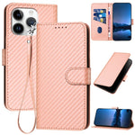 غطاء هاتف من جلد ألياف الكربون مع إبزيم وحبل معصم YX0070، لهواتف iPhone 16 Pro، iPhone 16 Plus، iPhone 16، iPhone 15 Pro Max، iPhone 15 Pro، iPhone 15 Plus