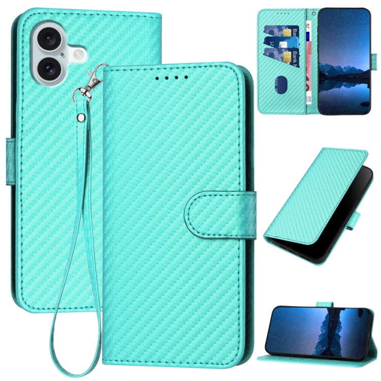 غطاء هاتف من جلد ألياف الكربون مع إبزيم وحبل معصم YX0070، لهواتف iPhone 16 Pro، iPhone 16 Plus، iPhone 16، iPhone 15 Pro Max، iPhone 15 Pro، iPhone 15 Plus