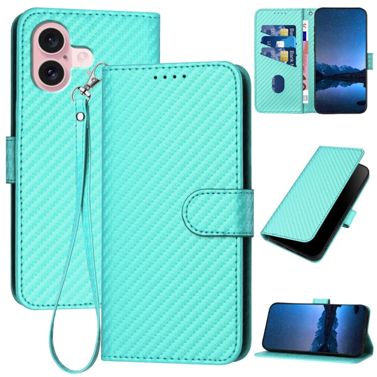 غطاء هاتف من جلد ألياف الكربون مع إبزيم وحبل معصم YX0070، لهواتف iPhone 16 Pro، iPhone 16 Plus، iPhone 16، iPhone 15 Pro Max، iPhone 15 Pro، iPhone 15 Plus
