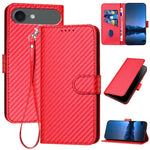 غطاء هاتف من الجلد بنقشة ألياف الكربون مع إبزيم وحبل معصم YX0070، لهواتف iPhone 17e / 16e، iPhone 17 Pro Max، iPhone 17 Pro، iPhone 17، iPhone Air، iPhone 16 Pro Max