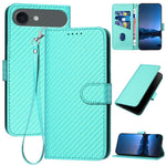 غطاء هاتف من الجلد بنقشة ألياف الكربون مع إبزيم وحبل معصم YX0070، لهواتف iPhone 17e / 16e، iPhone 17 Pro Max، iPhone 17 Pro، iPhone 17، iPhone Air، iPhone 16 Pro Max