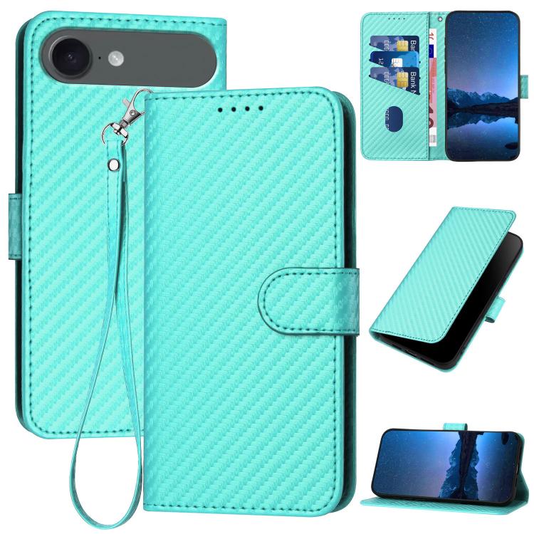 غطاء هاتف من الجلد بنقشة ألياف الكربون مع إبزيم وحبل معصم YX0070، لهواتف iPhone 17e / 16e، iPhone 17 Pro Max، iPhone 17 Pro، iPhone 17، iPhone Air، iPhone 16 Pro Max