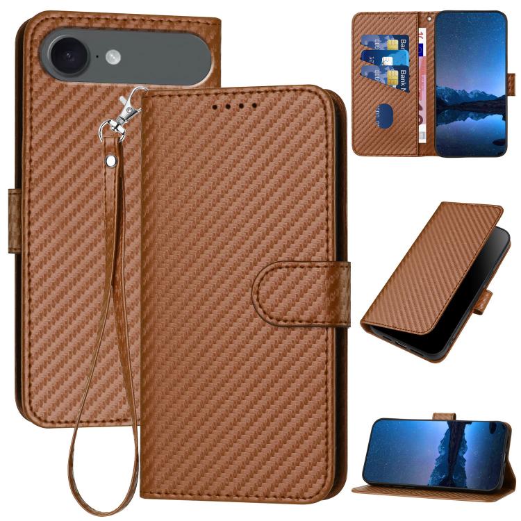 غطاء هاتف من الجلد بنقشة ألياف الكربون مع إبزيم وحبل معصم YX0070، لهواتف iPhone 17e / 16e، iPhone 17 Pro Max، iPhone 17 Pro، iPhone 17، iPhone Air، iPhone 16 Pro Max