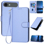 غطاء هاتف من الجلد بنقشة ألياف الكربون مع إبزيم وحبل معصم YX0070، لهواتف iPhone 17e / 16e، iPhone 17 Pro Max، iPhone 17 Pro، iPhone 17، iPhone Air، iPhone 16 Pro Max