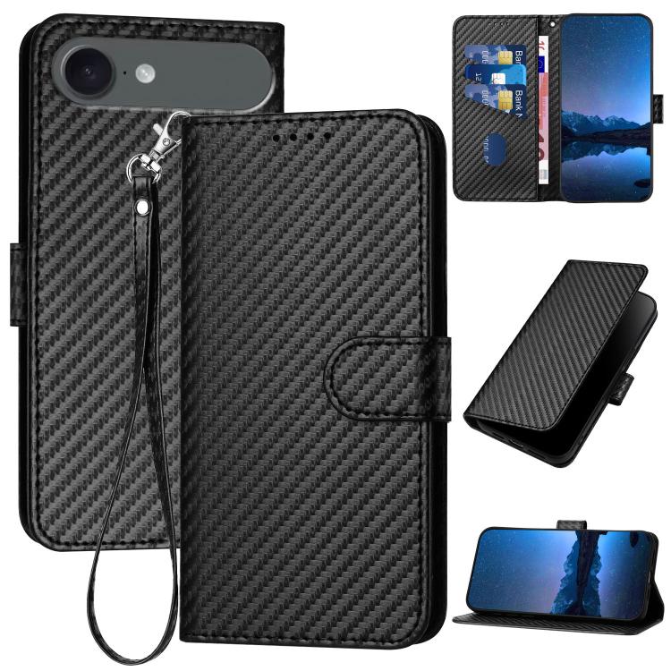 غطاء هاتف من الجلد بنقشة ألياف الكربون مع إبزيم وحبل معصم YX0070، لهواتف iPhone 17e / 16e، iPhone 17 Pro Max، iPhone 17 Pro، iPhone 17، iPhone Air، iPhone 16 Pro Max
