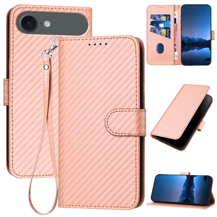 غطاء هاتف من الجلد بنقشة ألياف الكربون مع إبزيم وحبل معصم YX0070، لهواتف iPhone 17e / 16e، iPhone 17 Pro Max، iPhone 17 Pro، iPhone 17، iPhone Air، iPhone 16 Pro Max