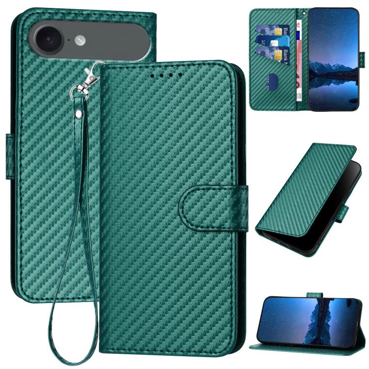 غطاء هاتف من الجلد بنقشة ألياف الكربون مع إبزيم وحبل معصم YX0070، لهواتف iPhone 17e / 16e، iPhone 17 Pro Max، iPhone 17 Pro، iPhone 17، iPhone Air، iPhone 16 Pro Max