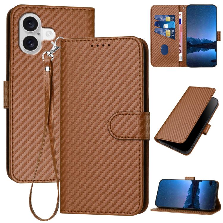 غطاء هاتف من الجلد بنقشة ألياف الكربون مع إبزيم وحبل معصم YX0070، لهواتف iPhone 17e / 16e، iPhone 17 Pro Max، iPhone 17 Pro، iPhone 17، iPhone Air، iPhone 16 Pro Max
