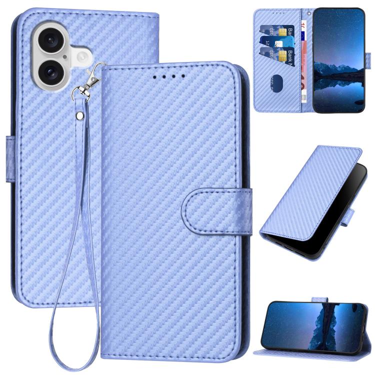 غطاء هاتف من الجلد بنقشة ألياف الكربون مع إبزيم وحبل معصم YX0070، لهواتف iPhone 17e / 16e، iPhone 17 Pro Max، iPhone 17 Pro، iPhone 17، iPhone Air، iPhone 16 Pro Max