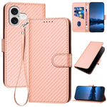 غطاء هاتف من الجلد بنقشة ألياف الكربون مع إبزيم وحبل معصم YX0070، لهواتف iPhone 17e / 16e، iPhone 17 Pro Max، iPhone 17 Pro، iPhone 17، iPhone Air، iPhone 16 Pro Max