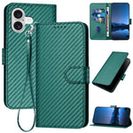 غطاء هاتف من الجلد بنقشة ألياف الكربون مع إبزيم وحبل معصم YX0070، لهواتف iPhone 17e / 16e، iPhone 17 Pro Max، iPhone 17 Pro، iPhone 17، iPhone Air، iPhone 16 Pro Max