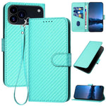 غطاء هاتف من الجلد بنقشة ألياف الكربون مع إبزيم وحبل معصم YX0070، لهواتف iPhone 17e / 16e، iPhone 17 Pro Max، iPhone 17 Pro، iPhone 17، iPhone Air، iPhone 16 Pro Max