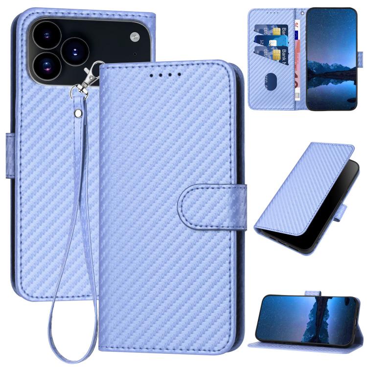 غطاء هاتف من الجلد بنقشة ألياف الكربون مع إبزيم وحبل معصم YX0070، لهواتف iPhone 17e / 16e، iPhone 17 Pro Max، iPhone 17 Pro، iPhone 17، iPhone Air، iPhone 16 Pro Max