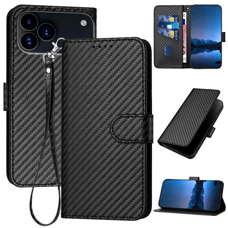 غطاء هاتف من الجلد بنقشة ألياف الكربون مع إبزيم وحبل معصم YX0070، لهواتف iPhone 17e / 16e، iPhone 17 Pro Max، iPhone 17 Pro، iPhone 17، iPhone Air، iPhone 16 Pro Max