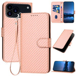 غطاء هاتف من الجلد بنقشة ألياف الكربون مع إبزيم وحبل معصم YX0070، لهواتف iPhone 17e / 16e، iPhone 17 Pro Max، iPhone 17 Pro، iPhone 17، iPhone Air، iPhone 16 Pro Max